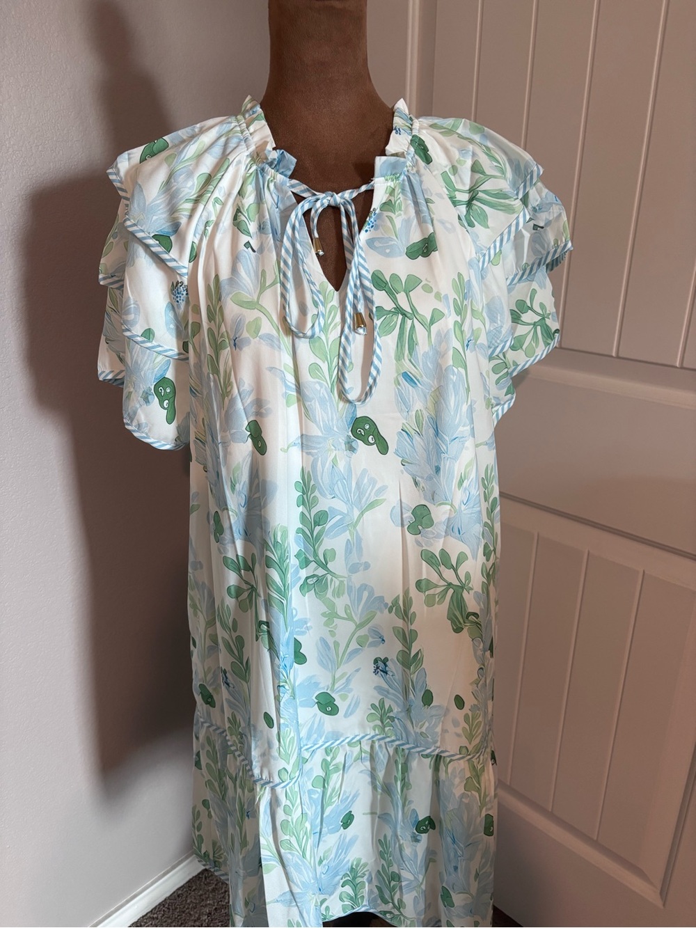 Light Blue & Green Floral Ruffle-Sleeve Women's Dress